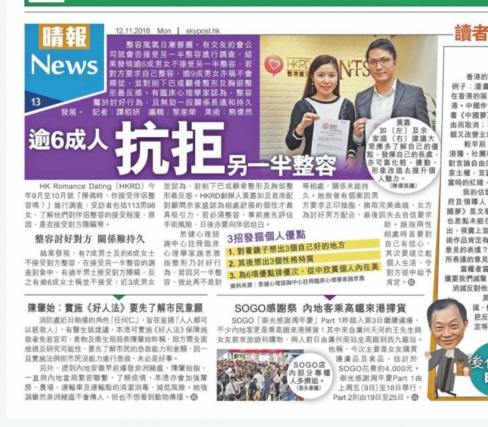 Speed Dating HKRD 媒體報導 - 晴報: 逾6成人 抗拒另一半整容 - matching、配對、約會、交友、結識異性專家
